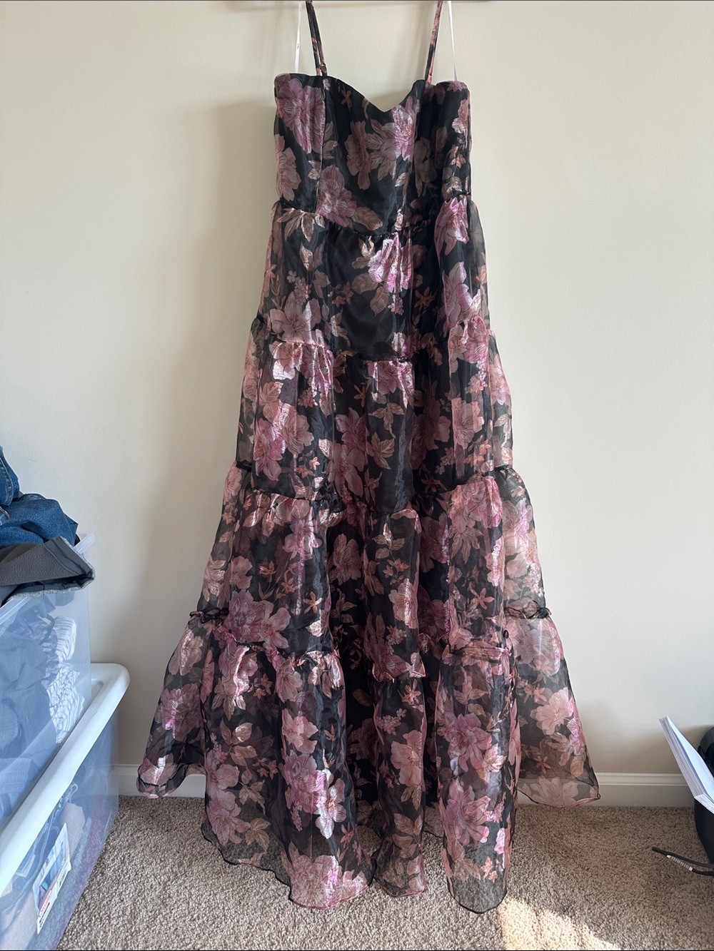 Lulu's Black and Pink Floral Tiered Wedding Dress